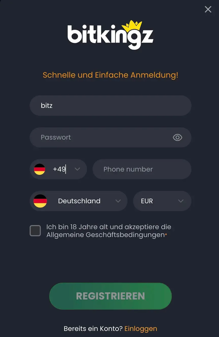BitKingz Registrierung im mobilen Browser für Deutschland