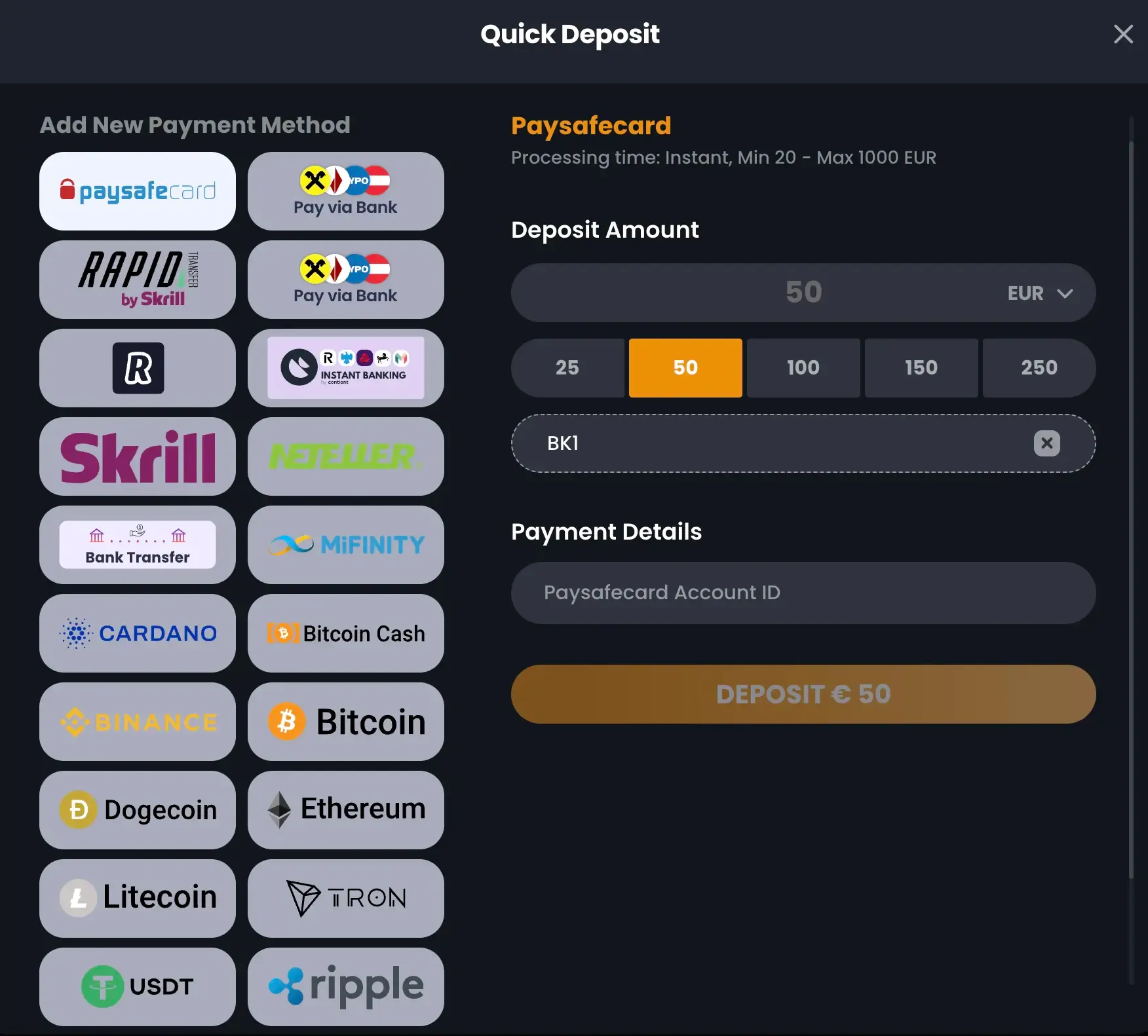 BitKingz Einzahlung mit dem Bonuscode BK1