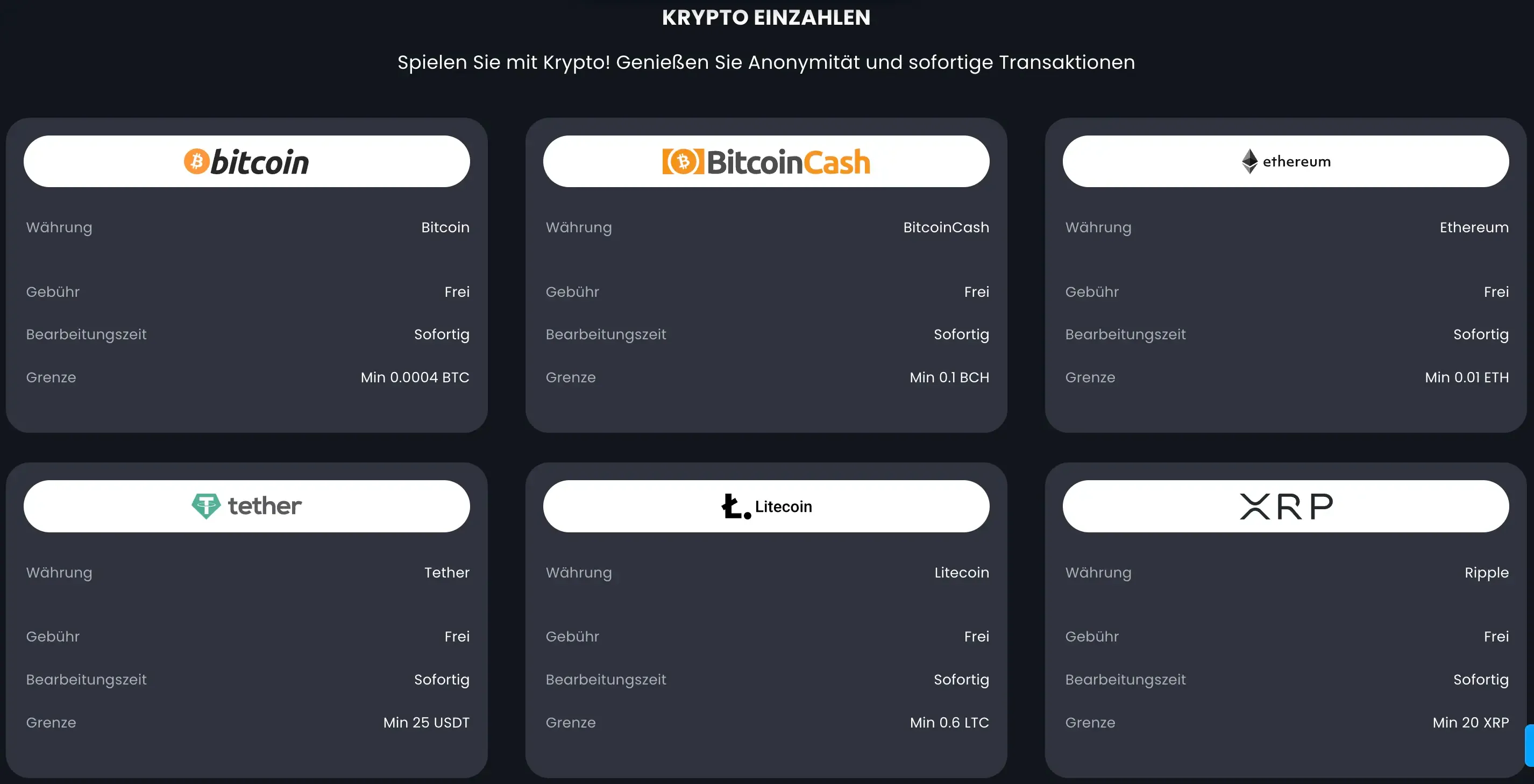 BitKingz Krypto-Einzahlungen mit Bitcoin, Bitcoin Cash, Ethereum, Tether, Litecoin und XRP
