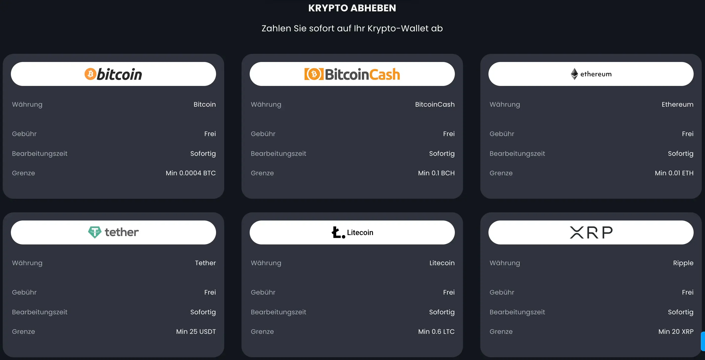 BitKingz Krypto-Auszahlungen mit Bitcoin, Bitcoin Cash, Ethereum, Tether, Litecoin und XRP